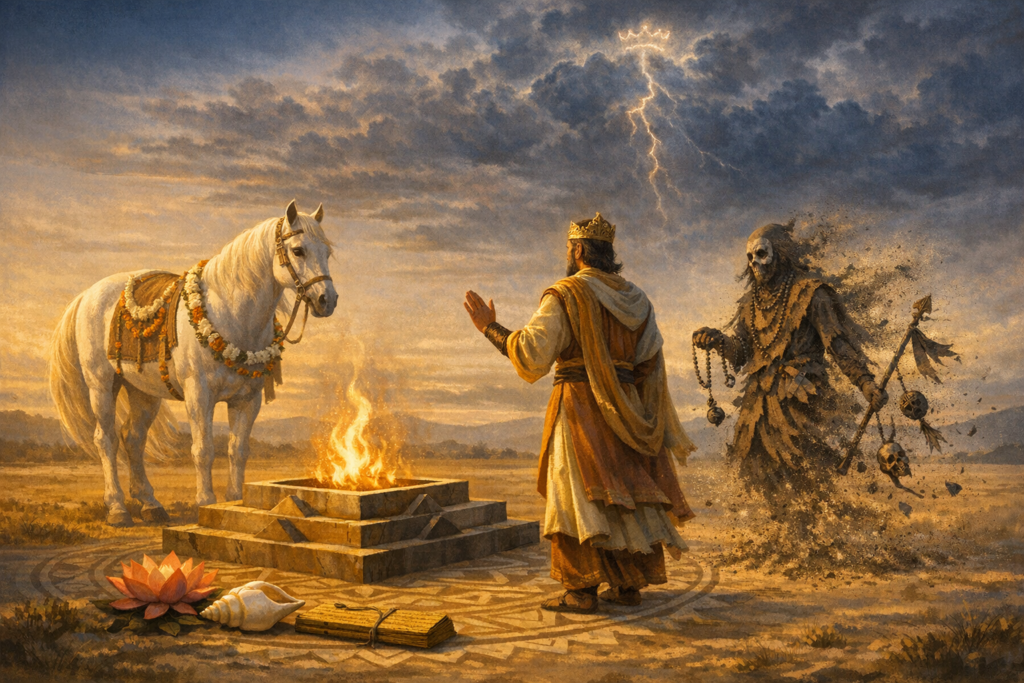 Painting of a Vedic ritual with a crowned king praying at a sacred fire, a garlanded white horse waiting nearby, a skeletal specter under clouds; lotus, conch and palm-leaf text suggest Ashvamedha.