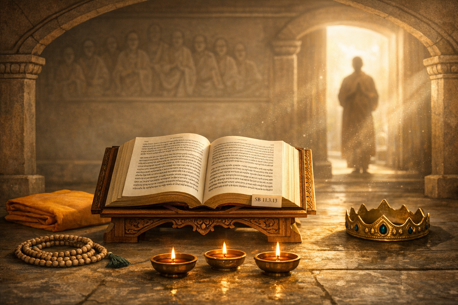 Open book on an ornate wooden stand in a stone hall, lit by three oil lamps; a folded cloth, wooden beads, and a jeweled crown lie nearby as a robed figure stands in a sunlit doorway.