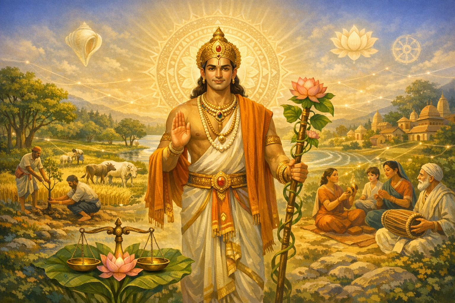 Deity-like figure in crown and saffron shawl raises a blessing hand and holds a lotus staff before a village; farmers, cows, and a family gather; a justice scale on a lotus and symbols glow above.