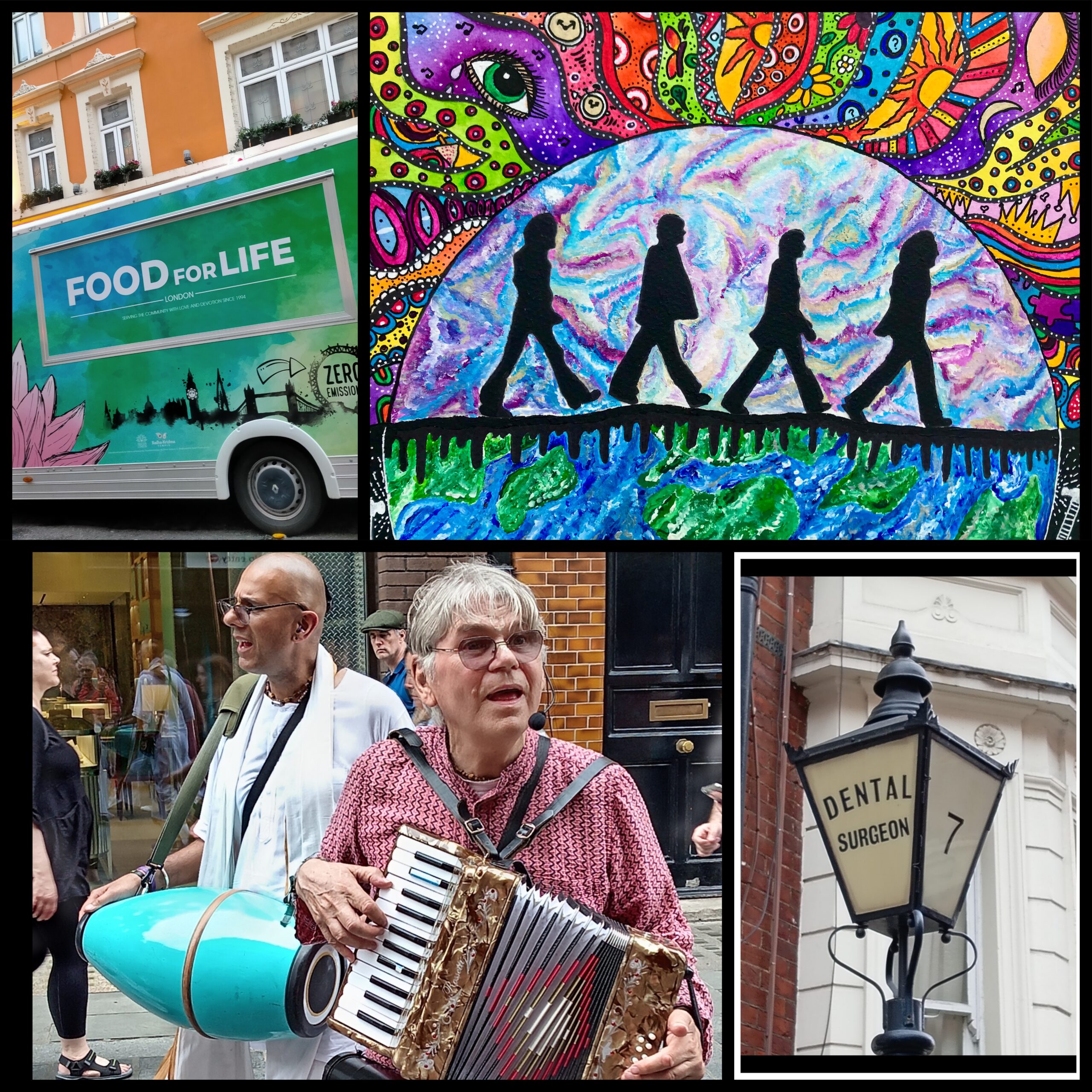 Collage of London Global Beatles Day scenes: Food for Life van, Beatles-inspired mural, Hare Krishna harinama musicians, and a vintage street sign.