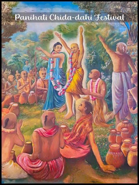 Painting of the Panihati Chida Dahi Festival with Lord Nityananda, Sri Caitanya, devotees, kirtan, and clay pots of chipped rice and yogurt