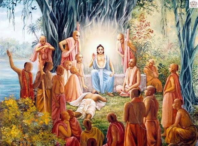 Painting of Lord Nityananda seated under a banyan tree by the Ganges, surrounded by Vaisnava devotees during the Panihati Chida Dahi festival.