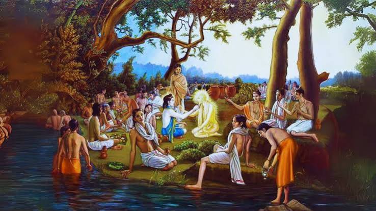 Painting of Lord Nityananda and Sri Caitanya with Vaishnava devotees beside the Ganges at Panihati for the Chida Dahi festival