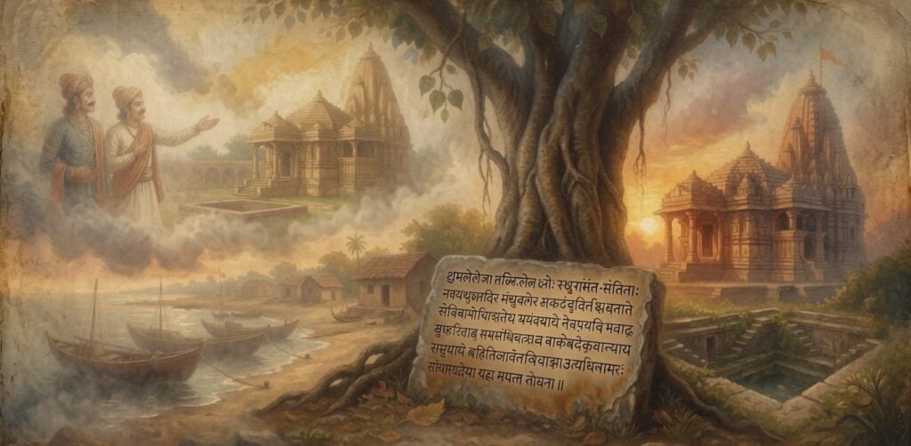 Illustrated view of the forgotten Dhamlej Sun Temple with a stone Dhamleja inscription, sacred tree, coastal boats, and ancient Saurashtra temple ruins.