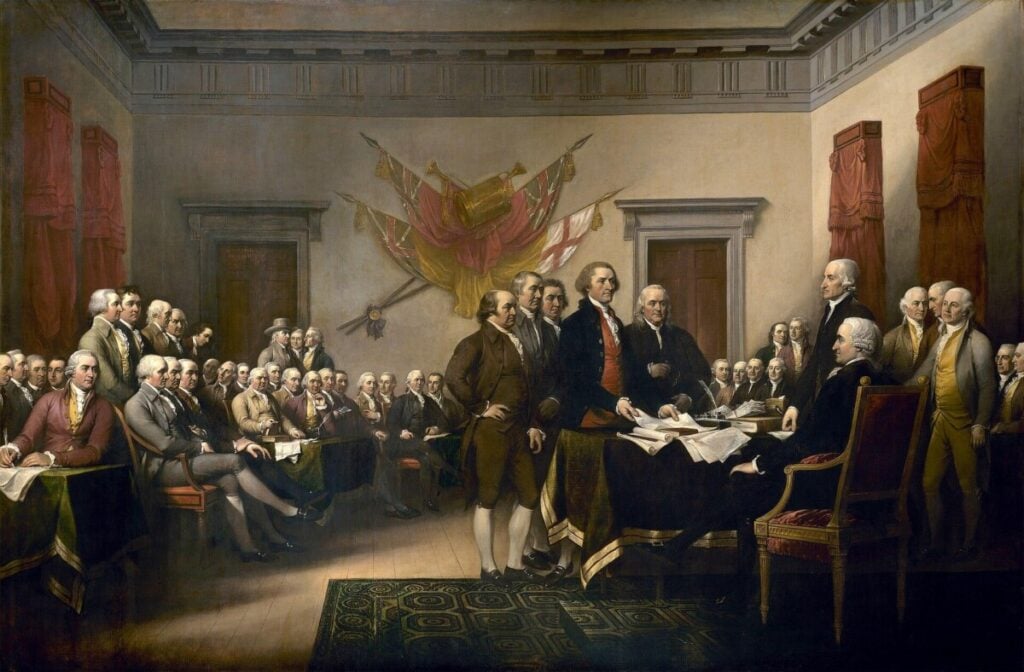 John Trumbull’s Declaration of Independence shows the Continental Congress as founders present the draft, framing America 250, Hinduism, dharma, and pluralism.