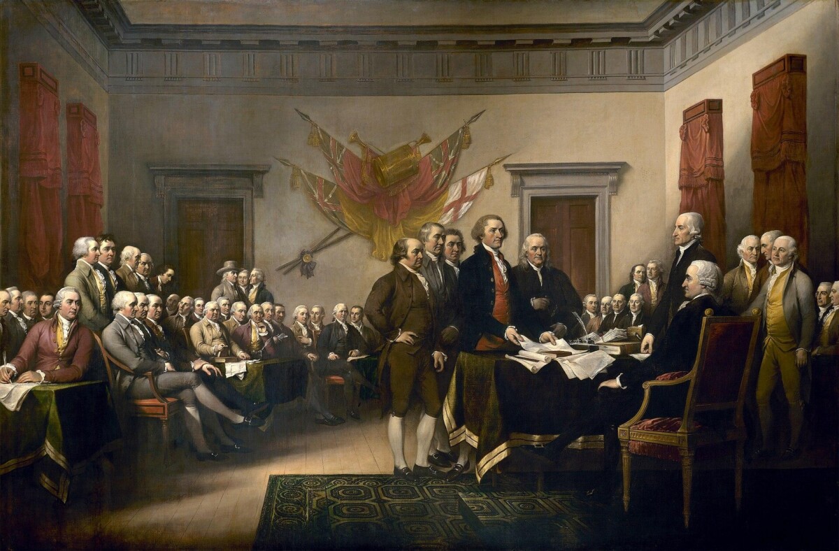 John Trumbull’s Declaration of Independence shows the Continental Congress as founders present the draft, framing America 250, Hinduism, dharma, and pluralism.