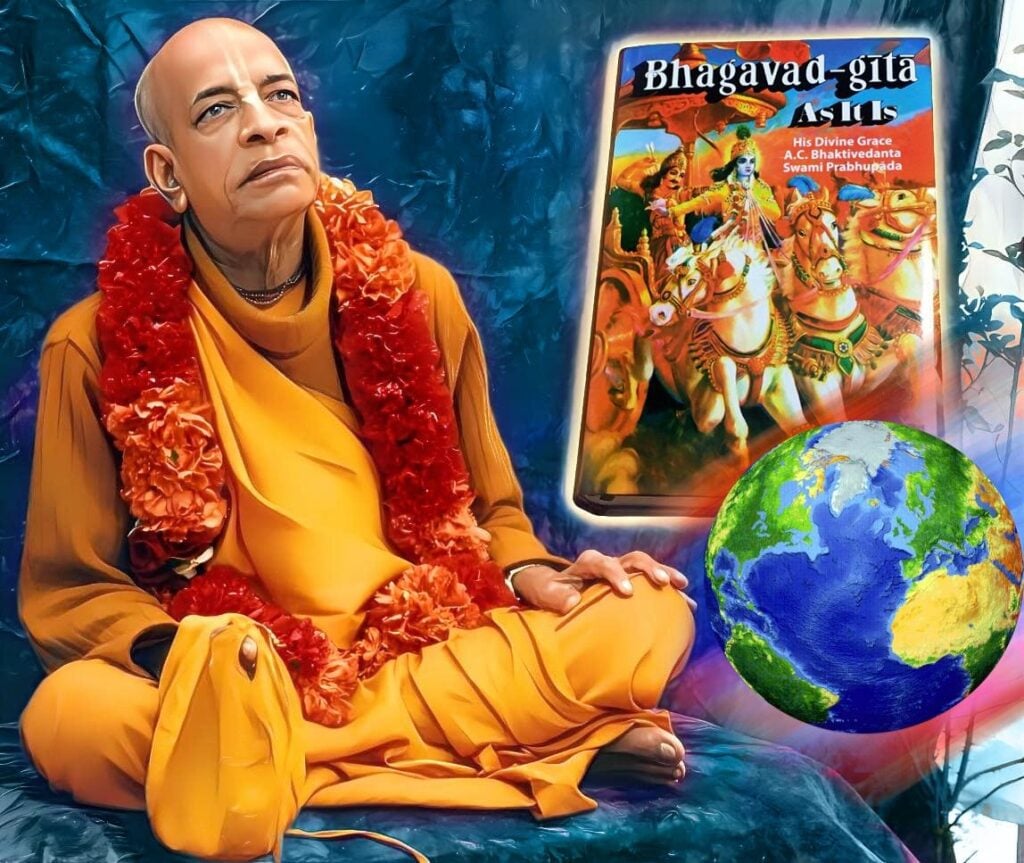 Illustration of Srila Prabhupada beside Bhagavad-gita As It Is and a globe, representing ISKCON book distribution for the WSN May 2026 World Sankirtan Newsletter