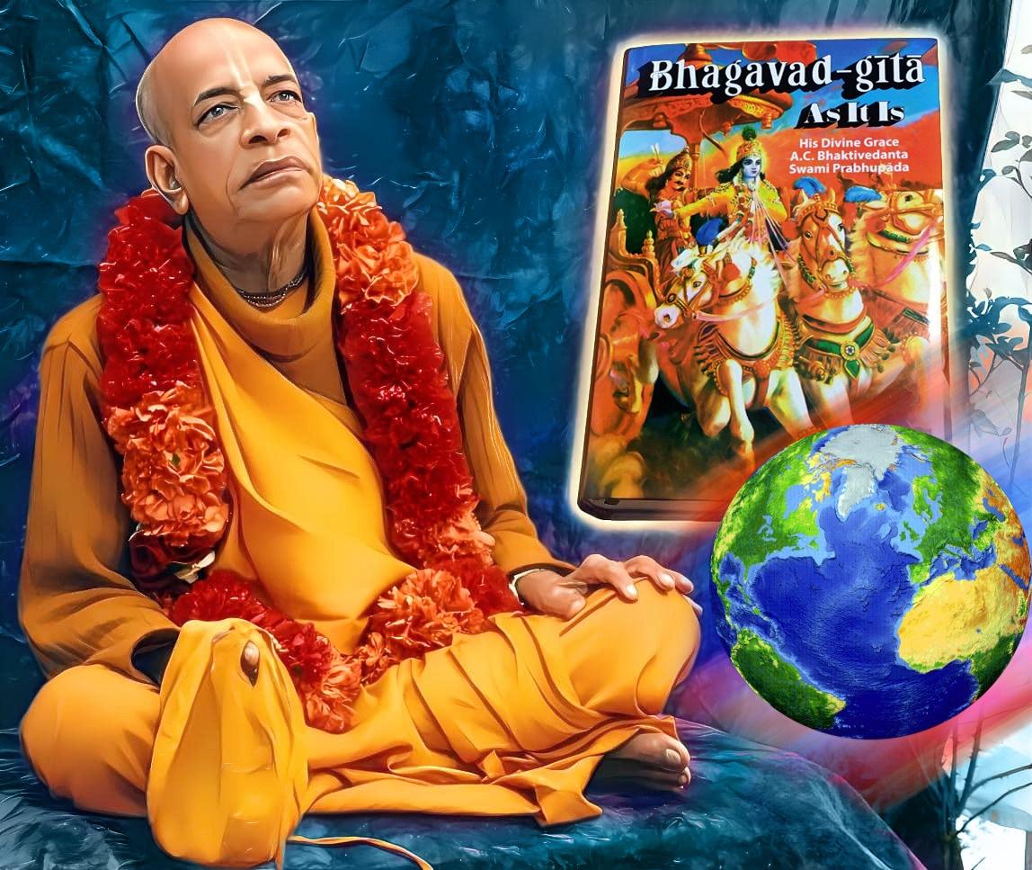 Illustration of Srila Prabhupada beside Bhagavad-gita As It Is and a globe, representing ISKCON book distribution for the WSN May 2026 World Sankirtan Newsletter