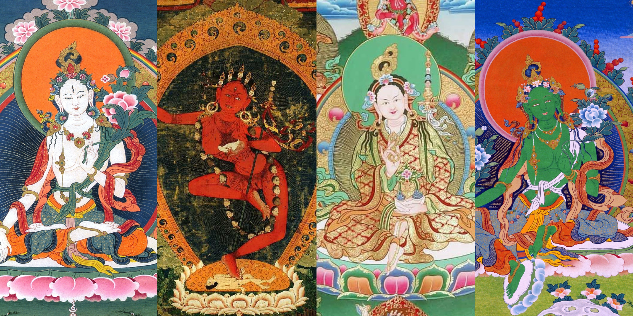 Collage of Tibetan thangka-style female Buddhist deities with halos, lotus flowers, and vivid colors for guru yoga and Awakening practice