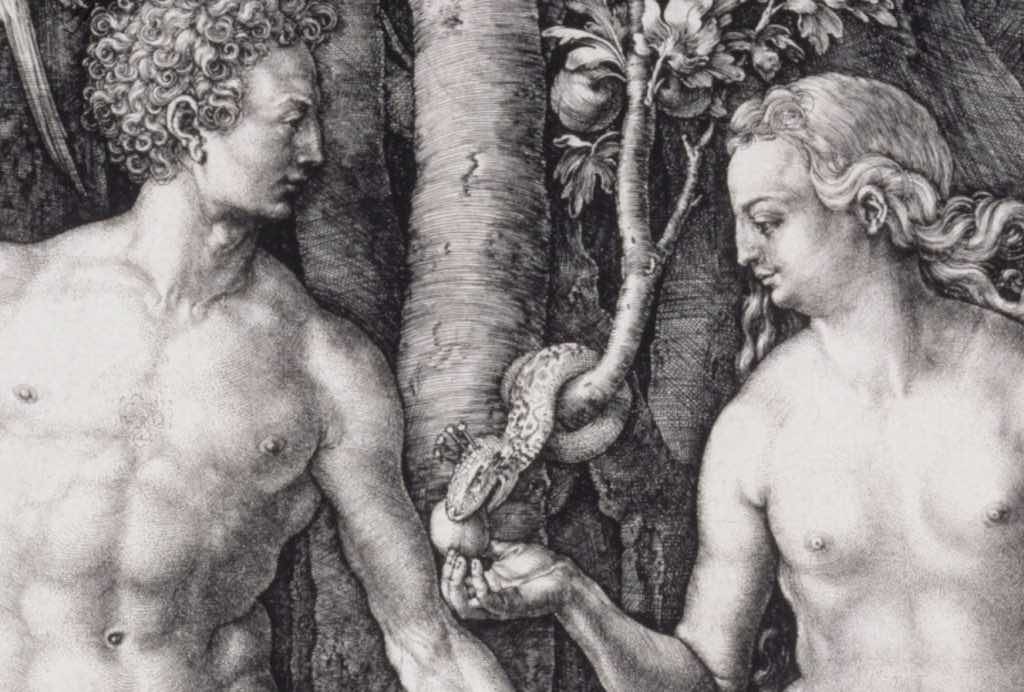 Classical black-and-white engraving of Adam and Eve with a serpent and fruit, symbolizing desire, tantra, Awakening, and The Path in Dharma practice.