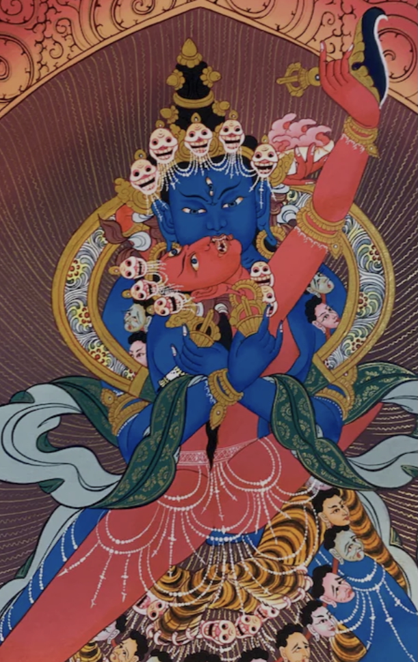 Traditional Tantric Buddhist thangka of blue and red deities in sacred union, symbolizing desire, awakening, Dharma practice, and The Path