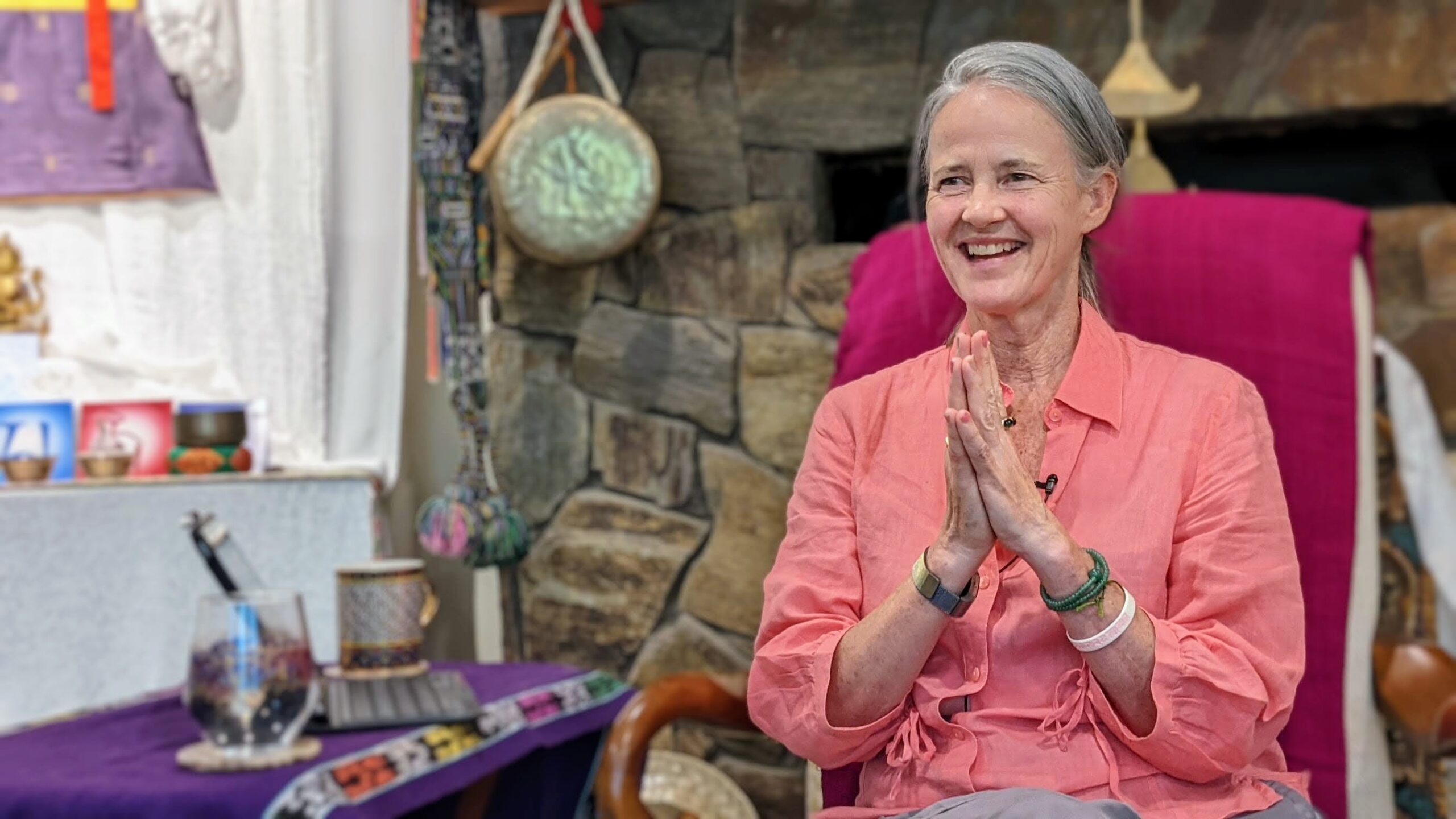 Catherine Pawasarat Sensei smiling with hands in prayer during an Integral Evolution Dharma teaching on 21st-Century Awakening.