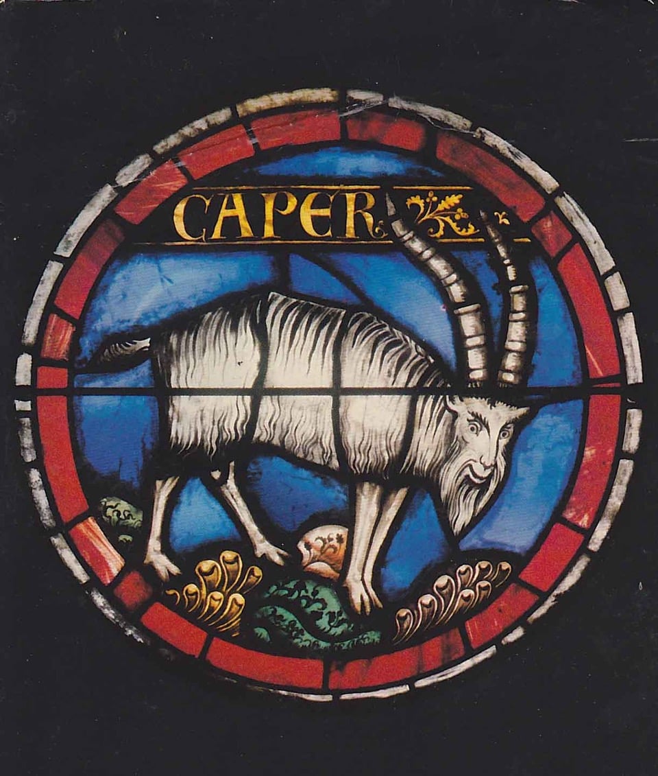 Ancient stained glass Capricorn sea goat medallion with blue glass, red border, and gold lettering, linking Astro-Dharma, Saturn, and mastery.