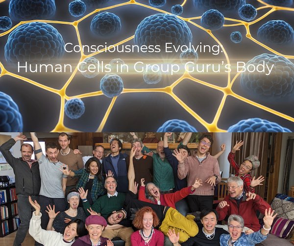 Composite image of blue cells linked by glowing lines above a smiling spiritual community group, illustrating consciousness evolving in Dharma Articles for Awakening.