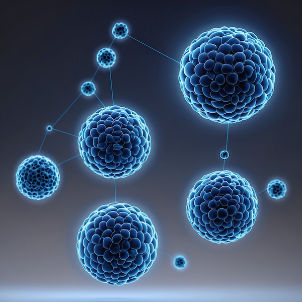 Glowing blue cell-like spheres linked in a dark space, symbolizing consciousness evolving through Dharma community and planetary awakening.