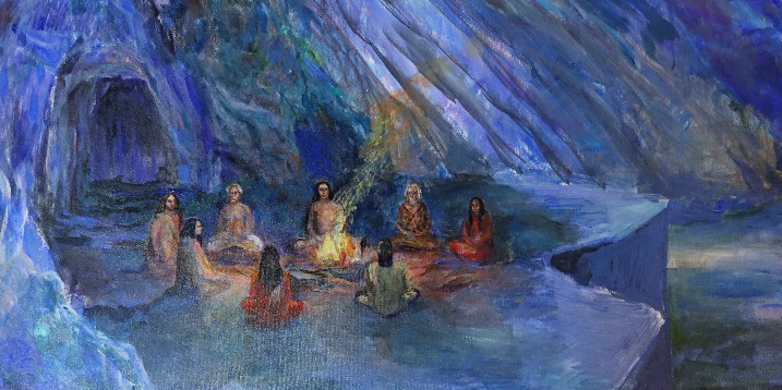 Watercolor-style scene of yogic masters meditating around a sacred fire in a blue Himalayan cave, evoking Mahavatar Babaji, yoga, and meditation.