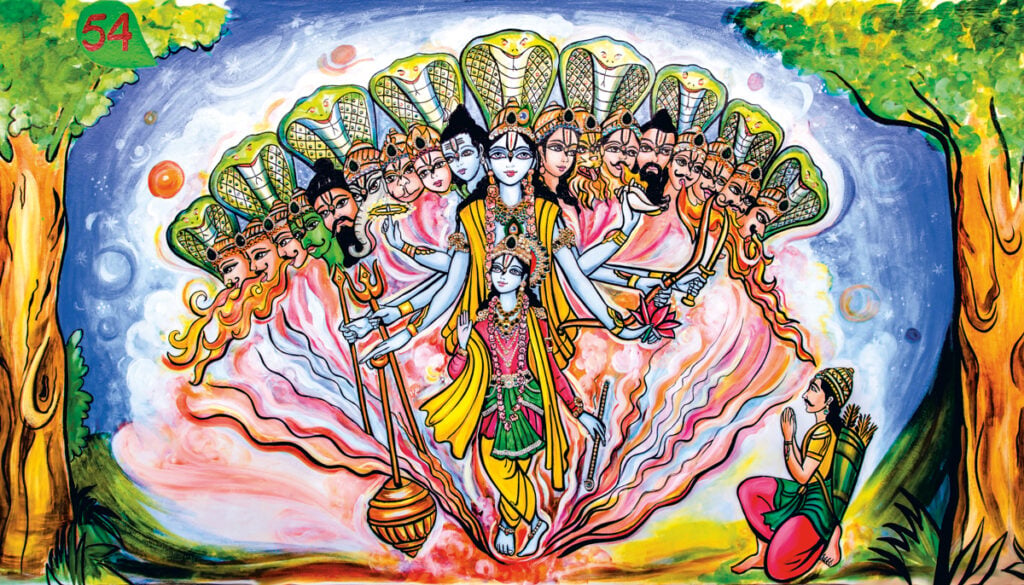 Colorful devotional painting of Krishna in a radiant cosmic form with many crowned faces, arms, and serpent hoods, before a kneeling devotee in meditation.