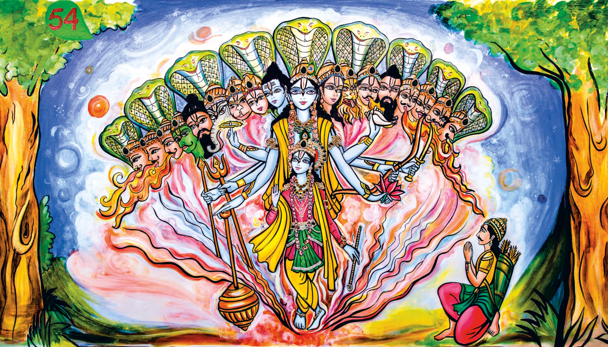 Colorful devotional painting of Krishna in a radiant cosmic form with many crowned faces, arms, and serpent hoods, before a kneeling devotee in meditation.