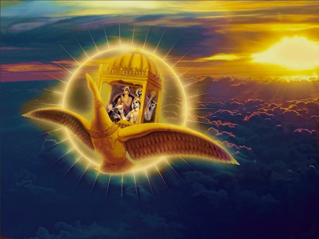 Golden bird carrying a shrine with Krishna and devotees above sunset clouds, symbolizing faith and the spiritual journey of Krishna consciousness.