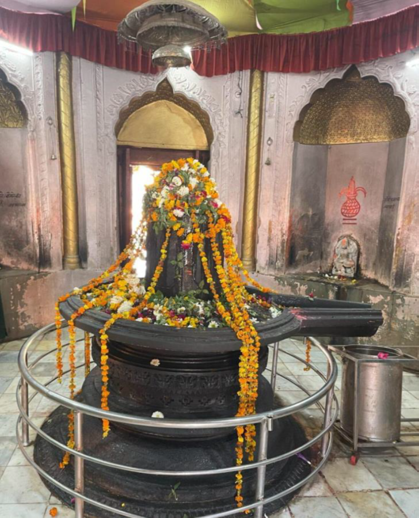 Flower-covered Shivling inside Prithvinath Temple, Gonda, Uttar Pradesh, showing a Hindu temple sanctum with garlands and carved arches.