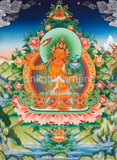 Colorful Buddhist-style deity painting with lotus throne, sword, flowers, and mountains, linked to Temple Trail heritage at Prithvinath Temple
