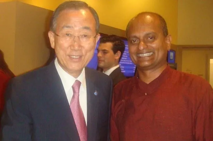 Yogi Dileepkumar Thankappan with Ban Ki-moon at the United Nations, linking Kerala, Yoga Day, Sanatana Dharma and Vasudhaiva Kutumbakam.