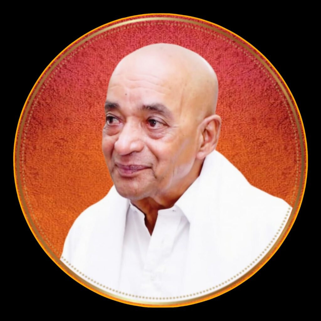 Portrait of Sadguru Subrahmanyam in white clothing within a circular orange frame, linked to Śrīkālahasti, Andra Pradesh, Sadguru reflection.