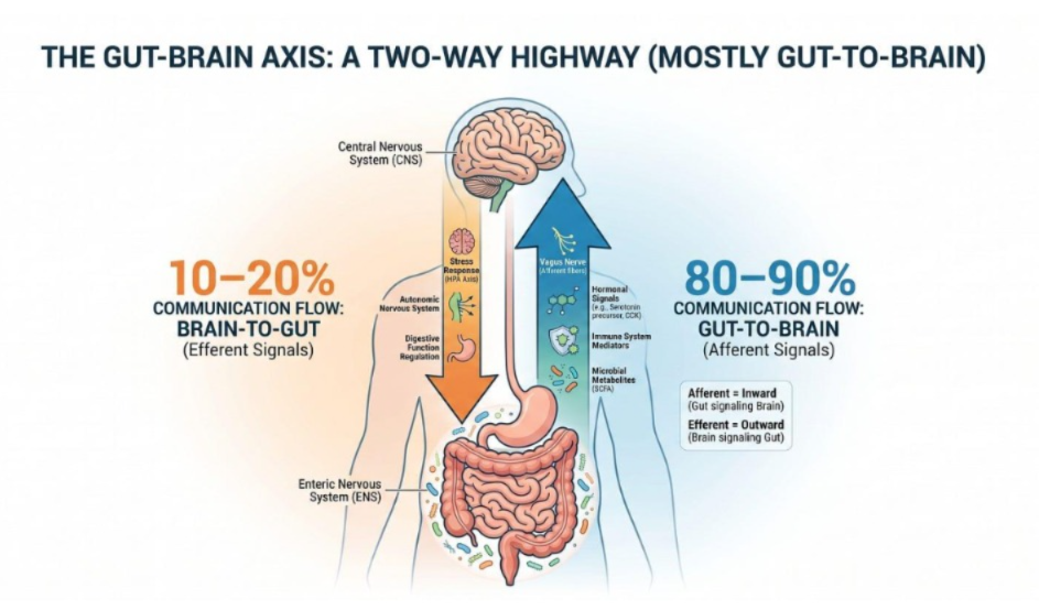 Ayurveda gut-brain axis infographic showing the brain, stomach, intestines, vagus nerve, 80-90% gut-to-brain flow and 10-20% brain-to-gut signals.