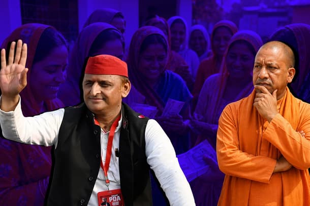 Akhilesh Yadav waves as Yogi Adityanath looks on beside a purple-toned image of women voters, illustrating Uttar Pradesh politics in Bharat.
