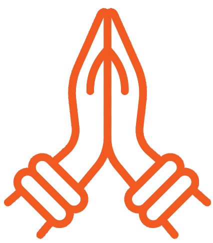 Orange line art of folded hands in namaste, used as a Bharat politics symbol for debate on UP women welfare promises and election strategy.