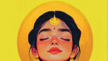 Illustrated Indian woman with closed eyes, traditional jewelry, and golden halo, evoking Dharma, Bharat, and Bharatiya civilization themes.
