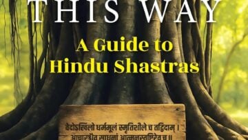 Book review image showing a banyan tree, Sanskrit-style tablet, and text “A Guide to Hindu Shastras,” evoking Bharat, Dharma, and Indian civilization.