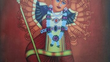 Traditional Hindu deity painting with jeweled child figure, garlands, staff, and ornate halo, evoking Dharma and Bharatiya civilization for an Indian book review.