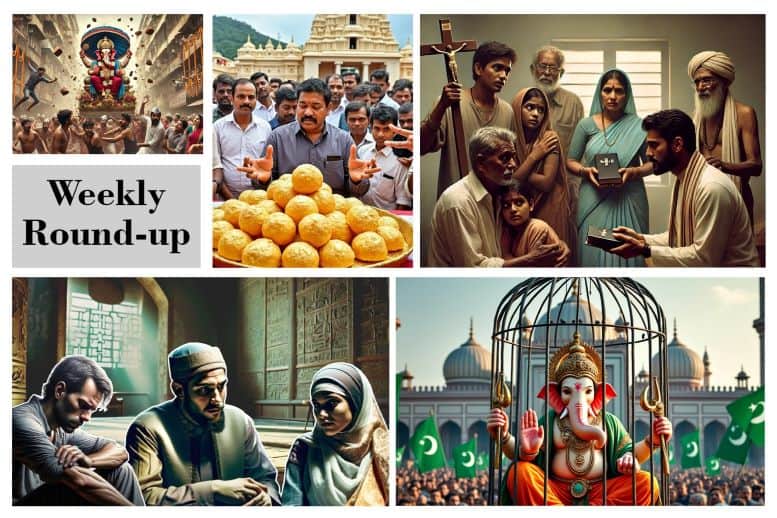 HHR Weekly Roundup collage showing Hindu Dharma imagery, temple scenes, families, and symbolic depictions of persecution of Hindus and hate crimes.
