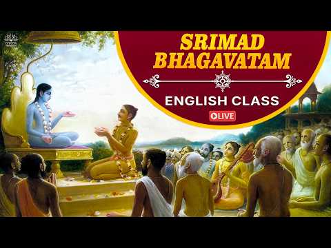YouTube thumbnail for Srimad Bhagavatam English Class, showing Krishna teaching a devotee before an audience, linked to His Grace Sarvabhauma Prabhu SB-11.03.07.