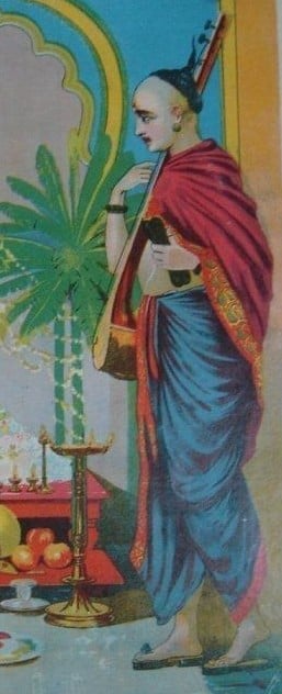 Illustration of Narada Muni, a Hindu sage with a veena, standing beside a lamp and offerings in traditional dress for Srimad Bhagavatam teachings.