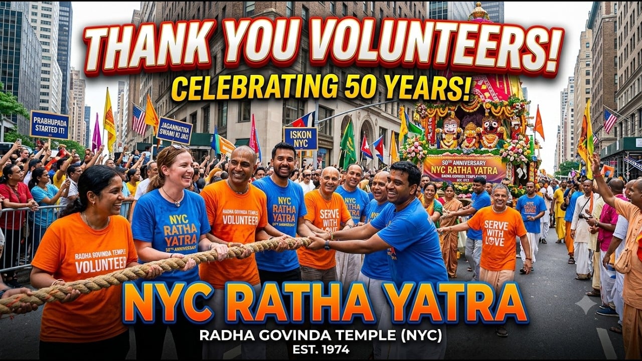 NYC Ratha Yatra volunteers pull a festival rope on a Manhattan street beneath a thank-you banner and 50th anniversary celebration text.