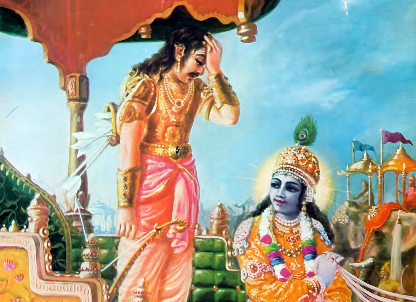 Painting of Krishna guiding Arjuna on a chariot at Kurukshetra, illustrating Bhagavad-gita wisdom, spiritual vision, and devotional unity.
