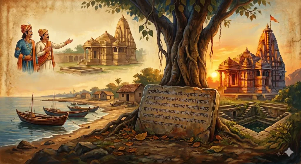 Illustration of Dhamlej’s lost Surya Temple heritage in Gujarat, with ancient Hindu temples, a stone inscription, banyan tree, coastal boats, and Saurashtra village life.