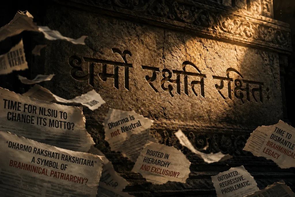Stone inscription of the Sanskrit motto Dharmo Rakshati Rakshitah with torn media headlines questioning NLSIU, Dharma, and Hindu Dharma in Bharat.