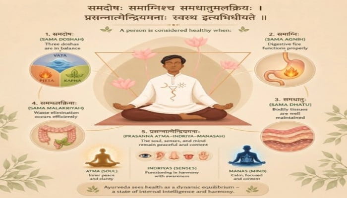 Ayurveda health infographic from Bharat showing a meditating person with balanced doshas, agni, dhatus, malas, mind, senses and soul.