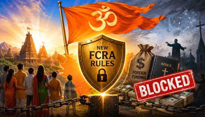 Bharat News illustration of a saffron Om flag, New FCRA Rules shield, temple scene, and foreign funding marked blocked