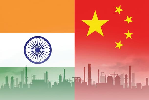 Split image of Bharat and China flags above an industrial skyline, symbolizing industrial policy, R&D subsidies, manufacturing, and economic strategy.