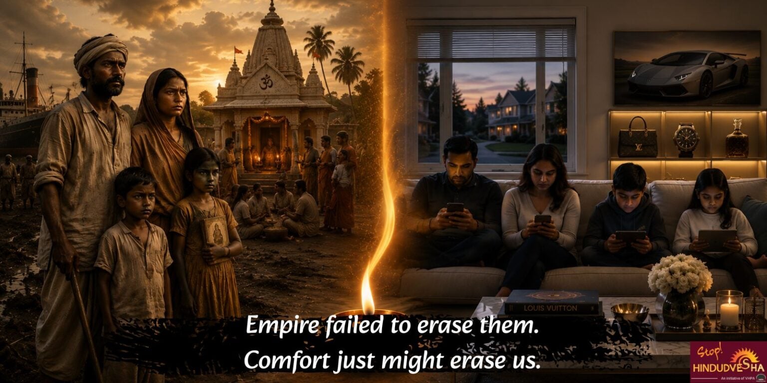 Split illustration of Girmitiya Hindu laborers near a mandir and ship beside a modern Hindu American family with devices, for World and Bharat themes.