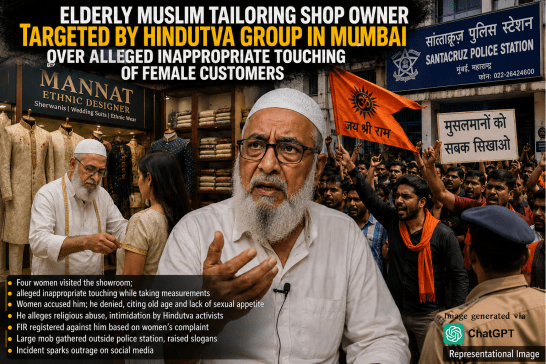 AI-generated news graphic showing an elderly Muslim tailor, a Mumbai shop scene, police station sign, and Hindu Protest crowd over harassment allegations.