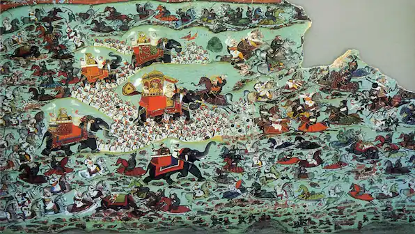 Historical painting of the Battle of Haldighati with cavalry, elephants, and infantry clashing in Rajasthan, linked to Maharana Pratap and Bharat history