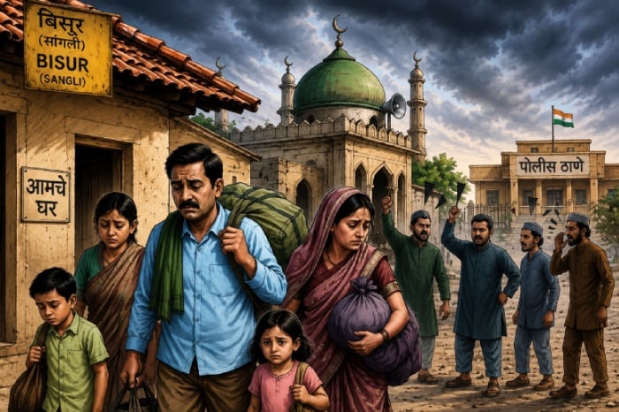 Illustration of Hindu families leaving homes in Bisur, Sangli, with packed bags near a mosque and police station amid alleged harassment fears.