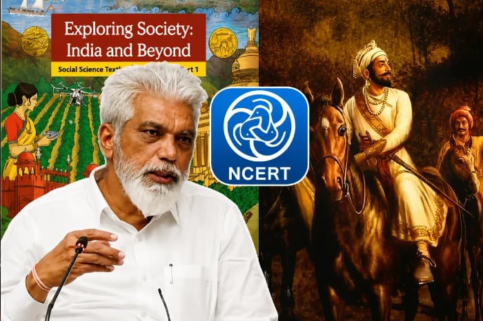 Composite news graphic showing an NCERT textbook cover, NCERT logo, a man at a microphone, and a historical warrior on horseback.