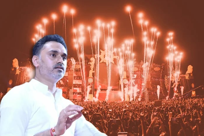 Composite image of a man in a white kurta before a crowded stage with fireworks, used for news on Bisur Sangli Hindu families facing harassment.