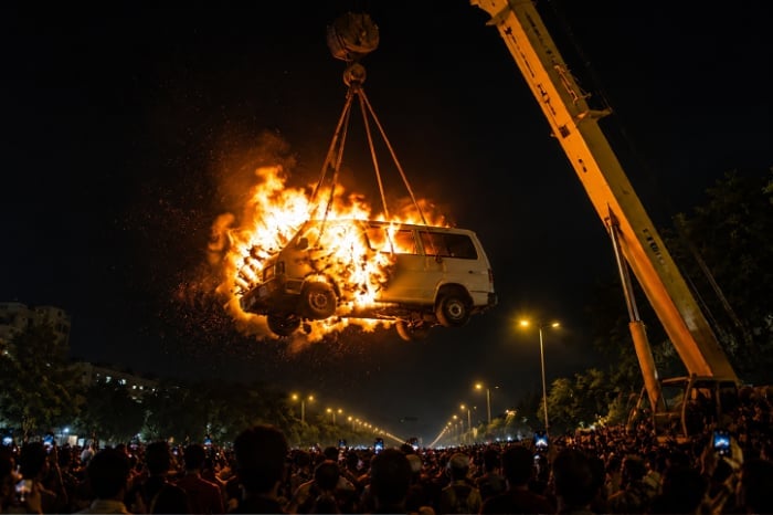 A van engulfed in flames hangs from a crane above a nighttime crowd during a Moharram procession in Badnagar, Ujjain.